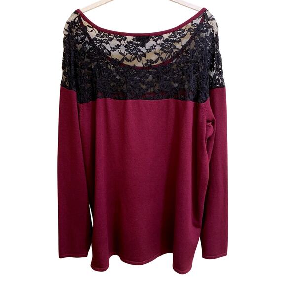 Torrid Sweater Size 2 Burgundy Black Knit Back Lace Pullover Relaxed Fit - Picture 5 of 10